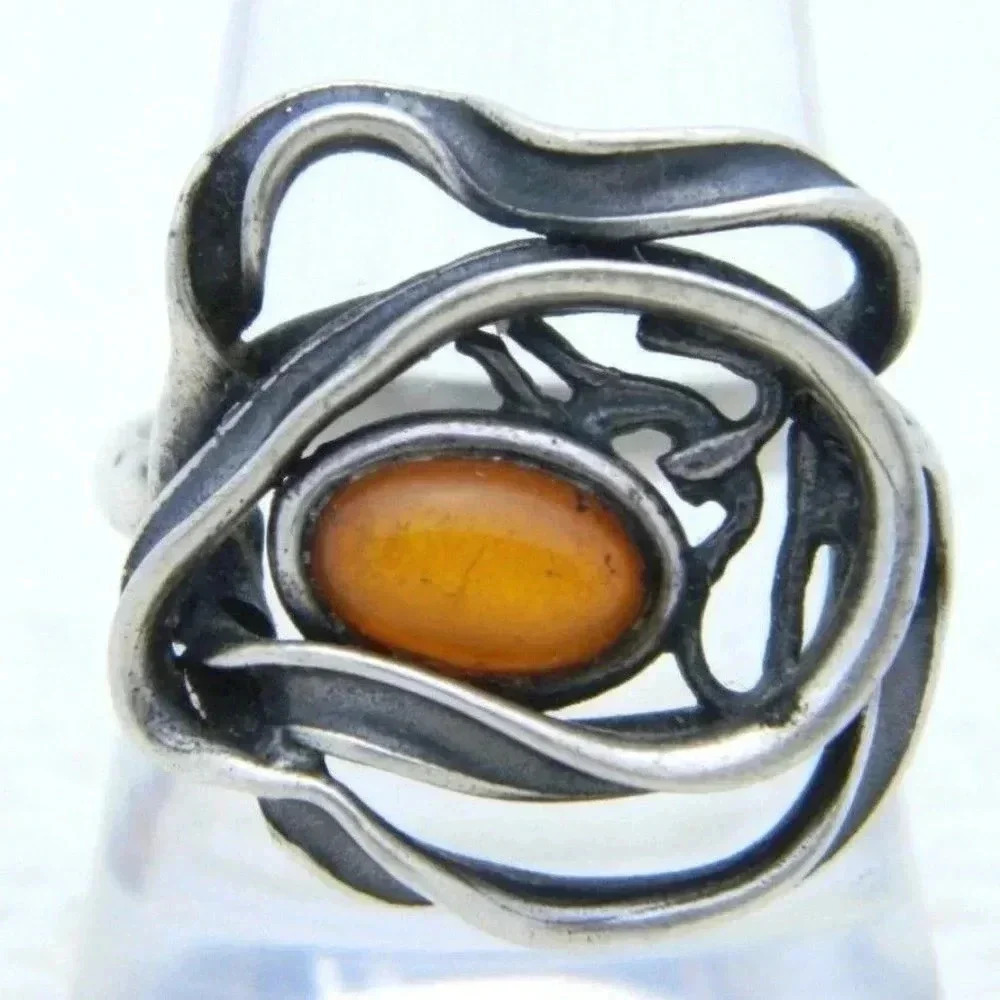 .925 Sterling Silver POLAND J Baltic Amber Modern